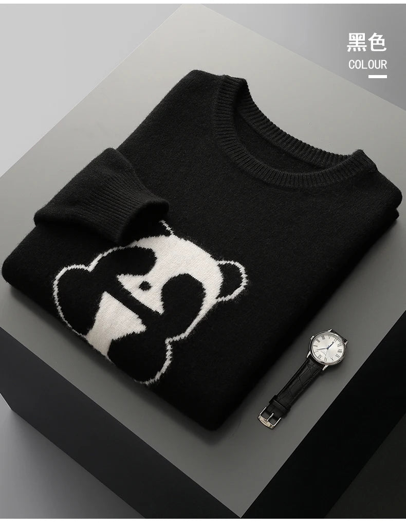 Men Merino Wool Crew Neck Panda Sweater