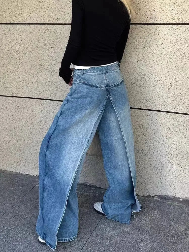 Women Double Layer Wide-Leg Denim Trouser