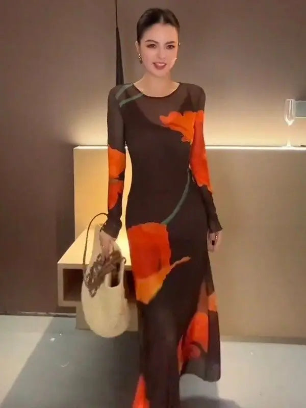 Women Long Sleeve Mesh Floral Print Dress