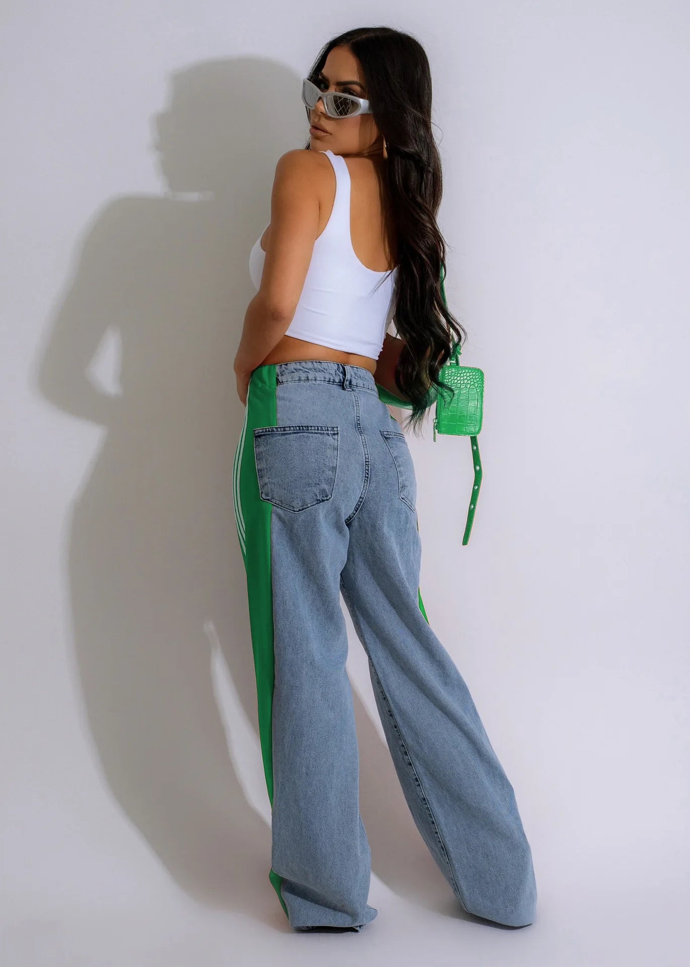 Women Sport Stripe High Waisted Wide-Leg Denim Trouser
