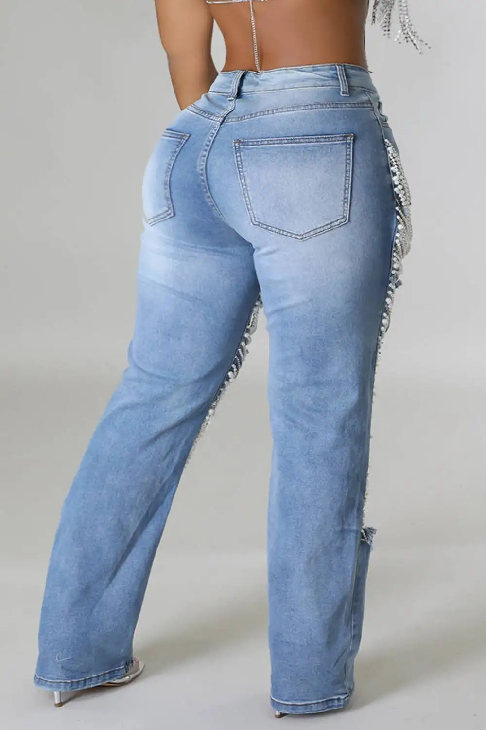Women Pearl Embellished Ripped Wide-Leg Jeans