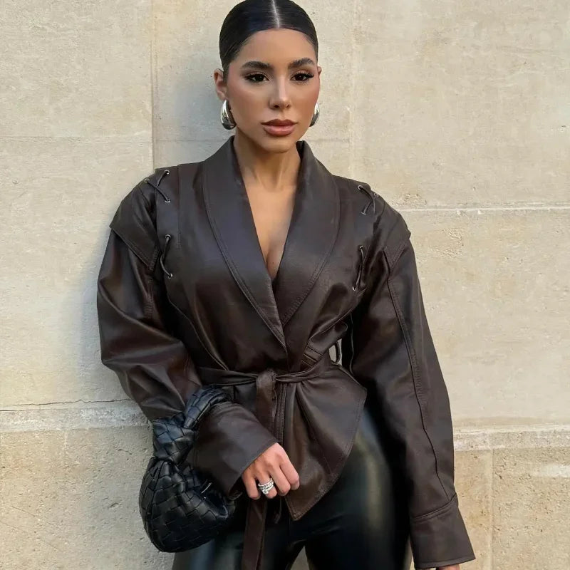 Women Faux Leather Oversized Belted Jacket
