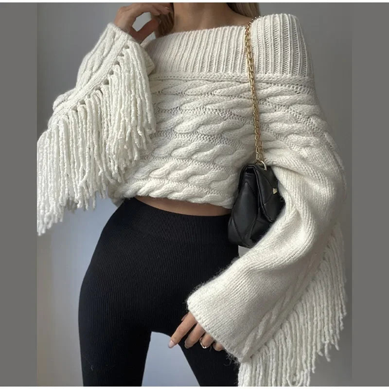 Women Off Shoulder Cable Knit Fringe Sweater
