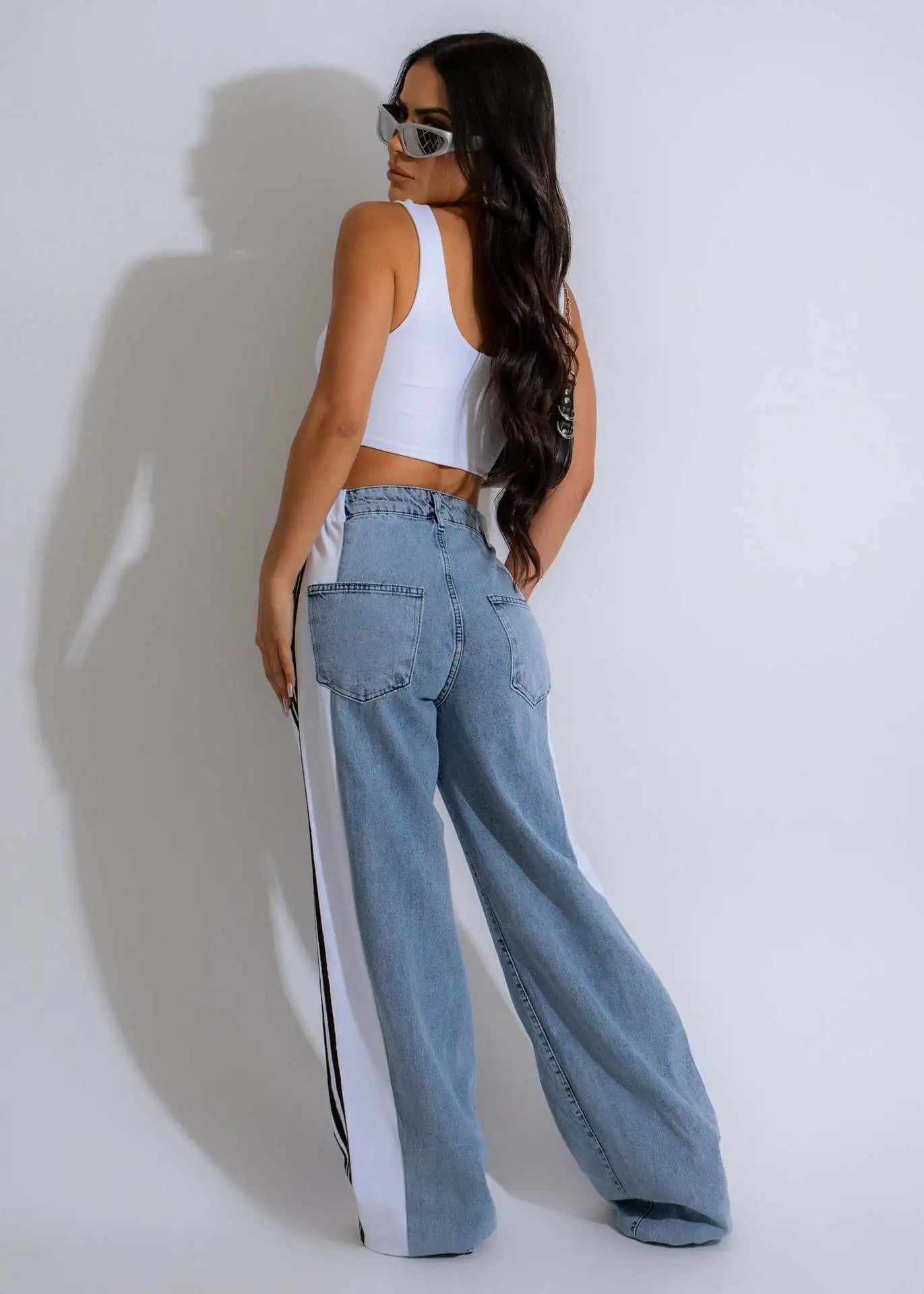 Women Sport Stripe High Waisted Wide-Leg Denim Trouser