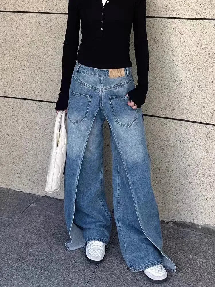 Women Double Layer Wide-Leg Denim Trouser
