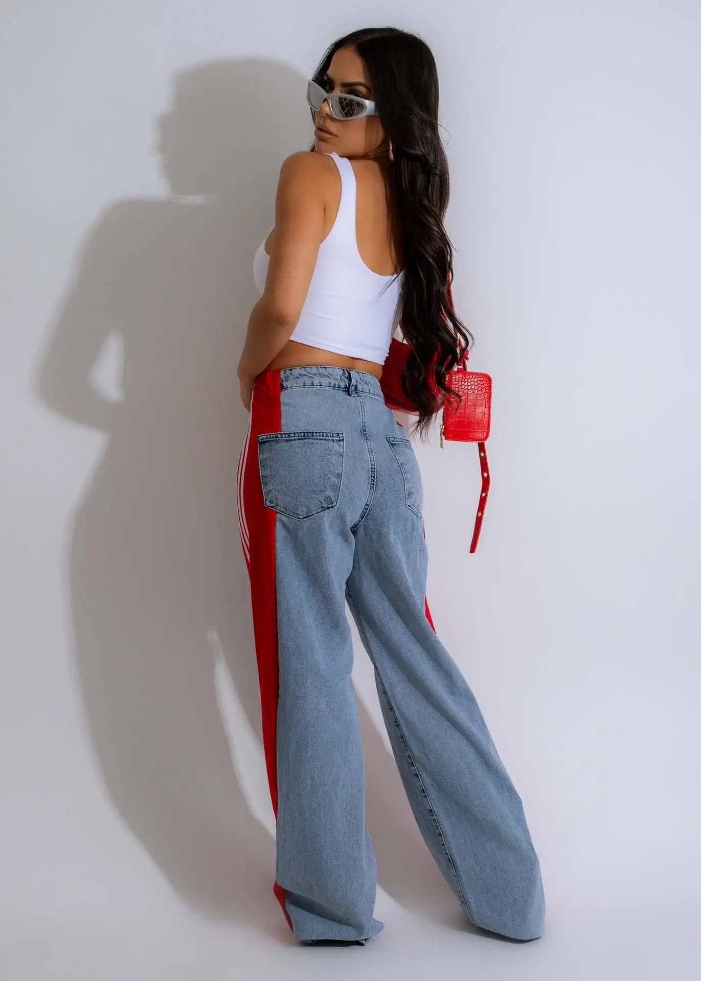 Women Sport Stripe High Waisted Wide-Leg Denim Trouser