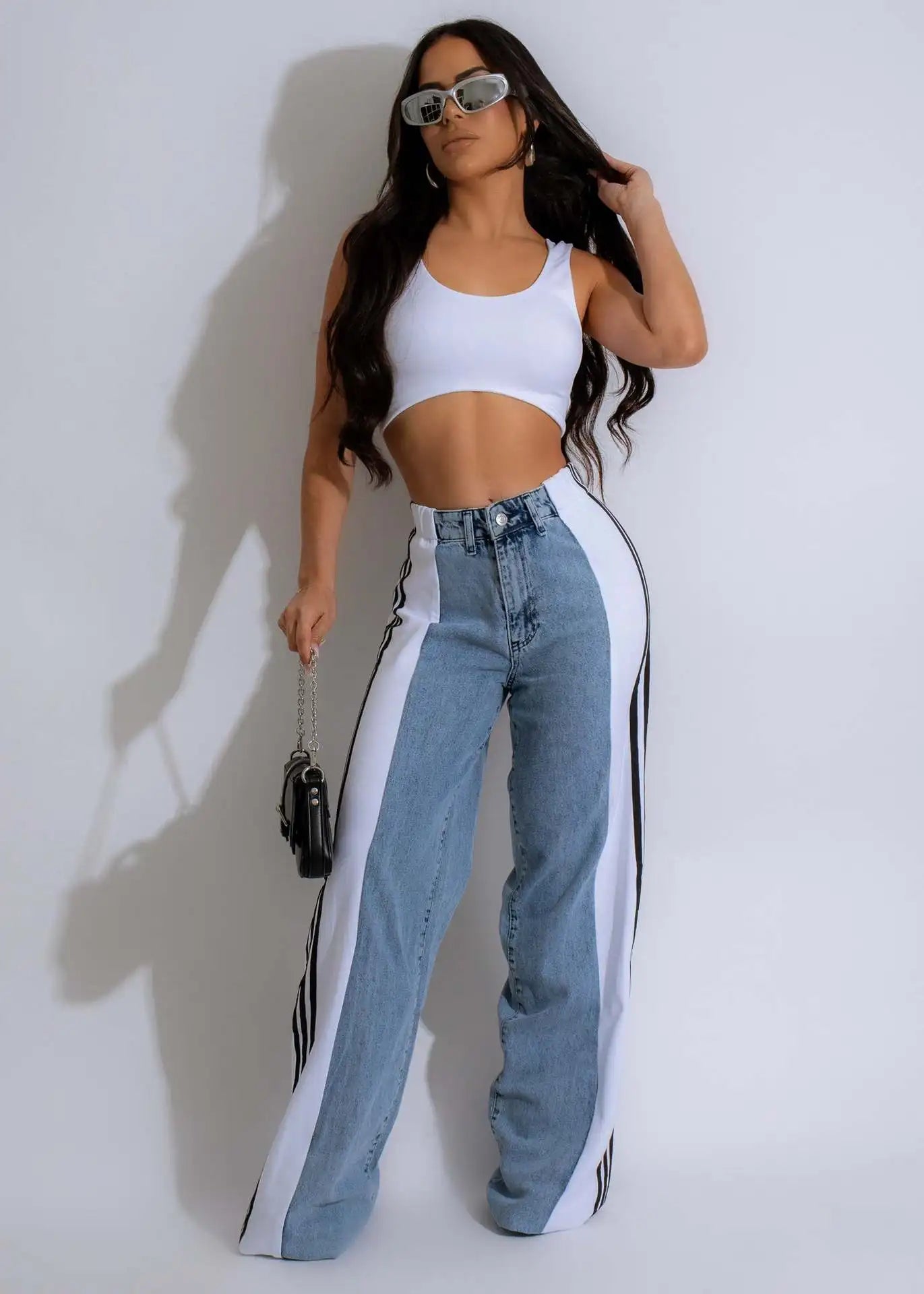 Women Sport Stripe High Waisted Wide-Leg Denim Trouser