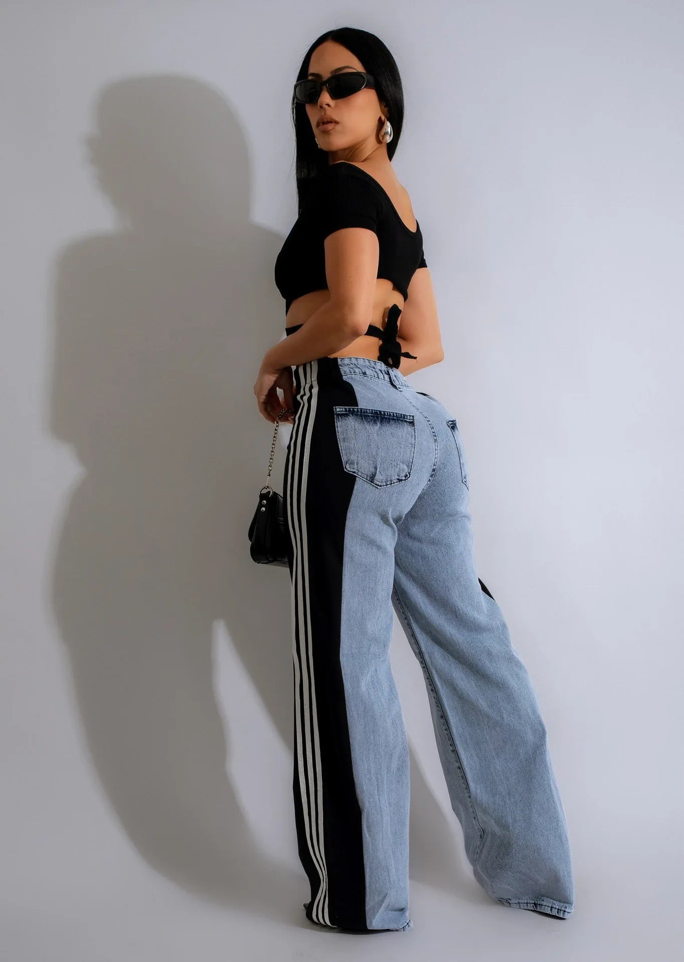 Women Sport Stripe High Waisted Wide-Leg Denim Trouser
