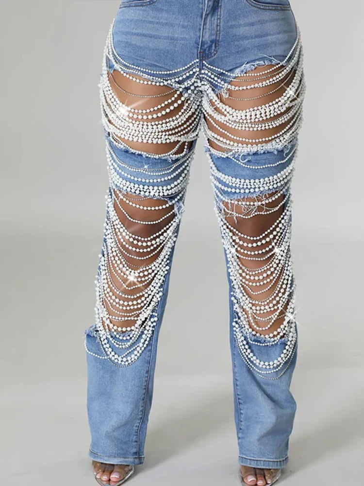 Women Pearl Embellished Ripped Wide-Leg Jeans