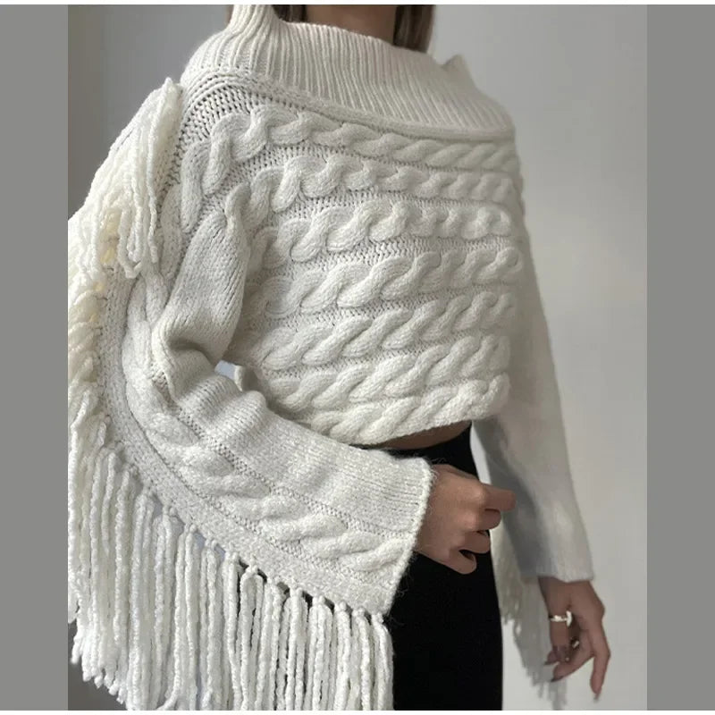Women Off Shoulder Cable Knit Fringe Sweater