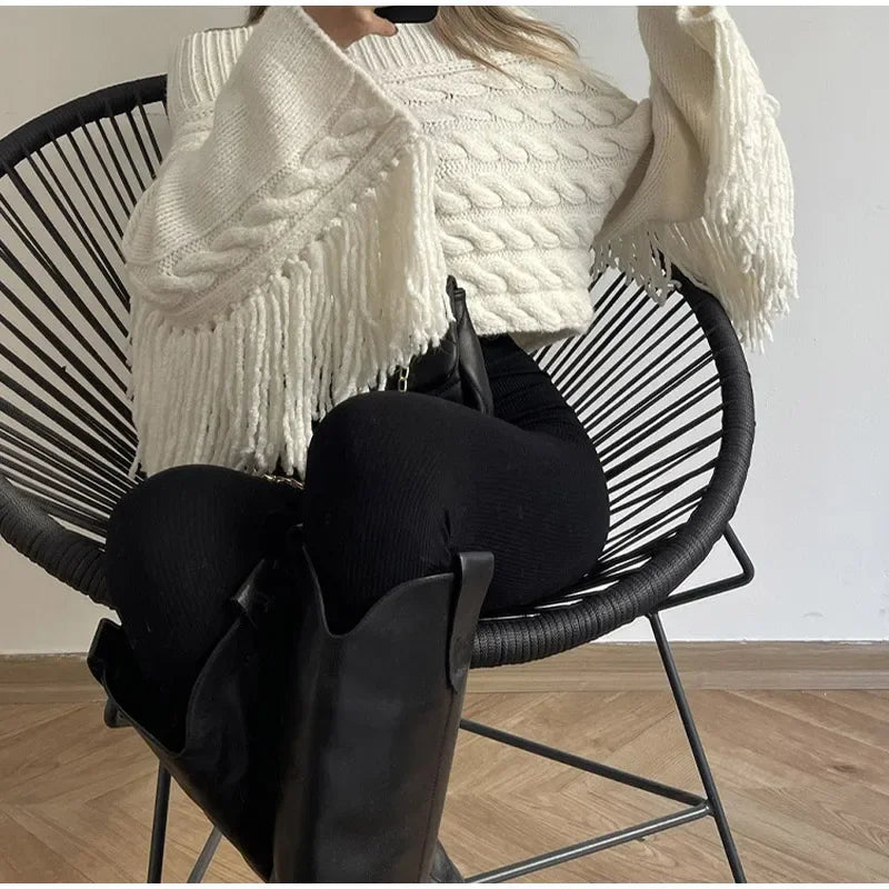 Women Off Shoulder Cable Knit Fringe Sweater