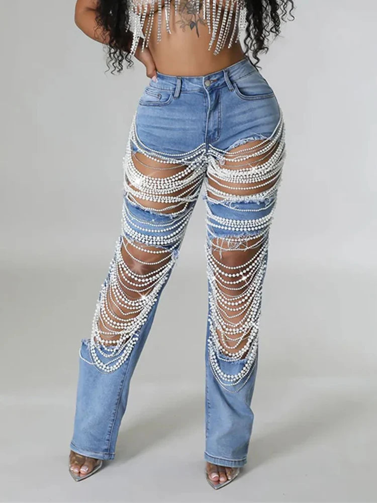 Women Pearl Embellished Ripped Wide-Leg Jeans
