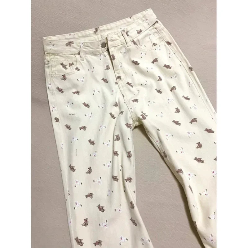 Women's High-waisted Bear Print Denim Trousers