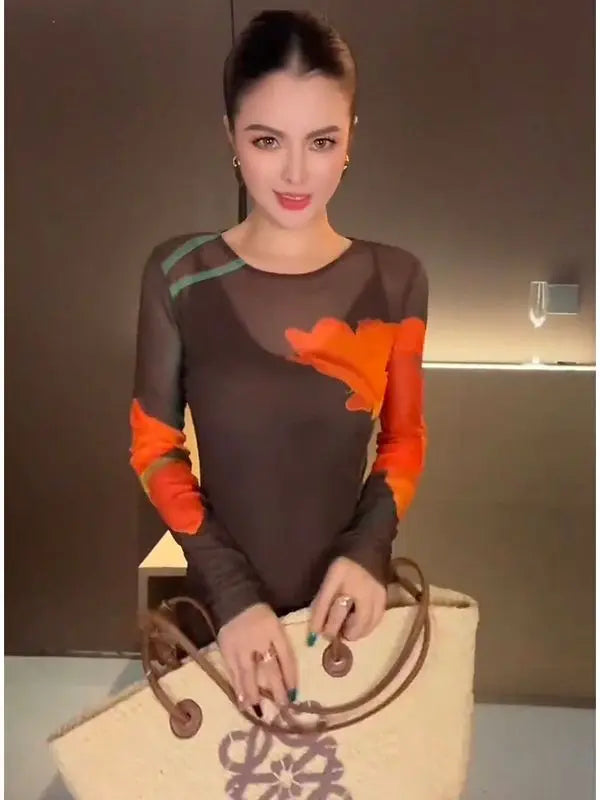 Women Long Sleeve Mesh Floral Print Dress
