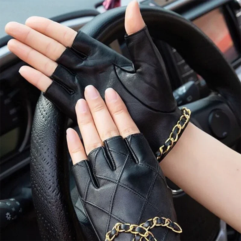 Women "Designer" Leather Fingerless Gloves