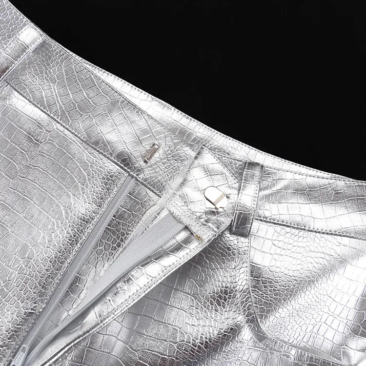 Women Faux Leather Metallic Wide Leg Pants