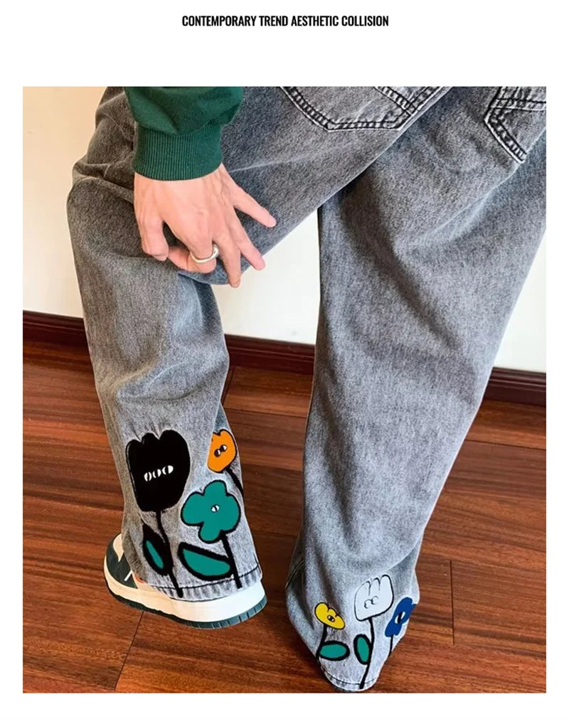 Men Flower Print Wide Leg Jeans