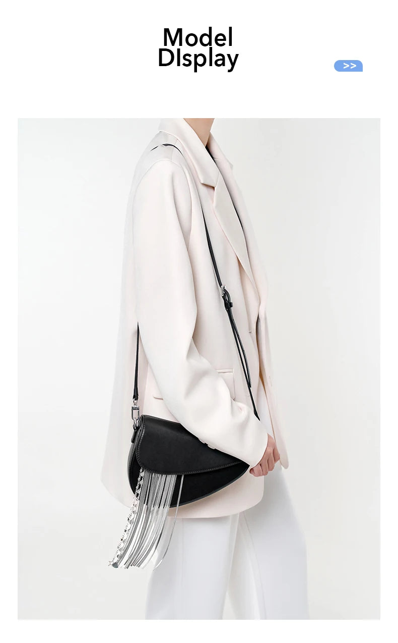 Women Leather Saddle Bag + Chain Fringe