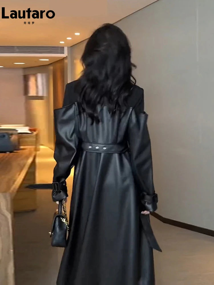 Women Faux Leather Blazer/Trench Coat