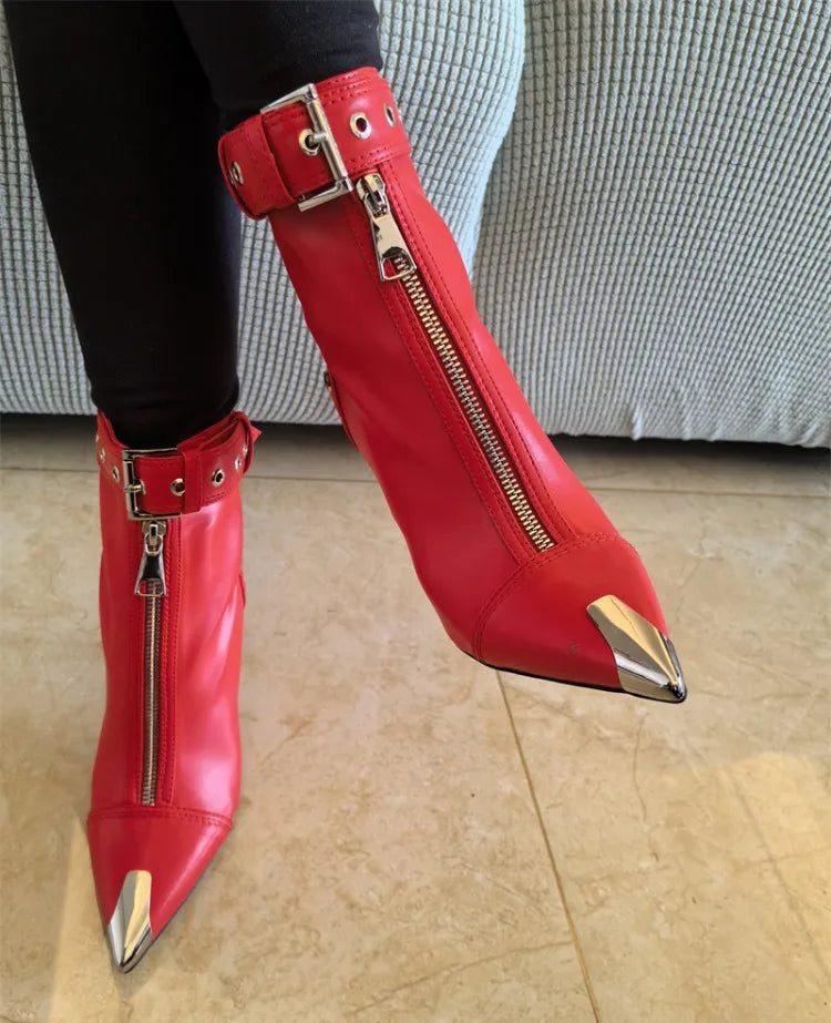 Women Leather Belt Buckle Zip-Front Ankle Boots