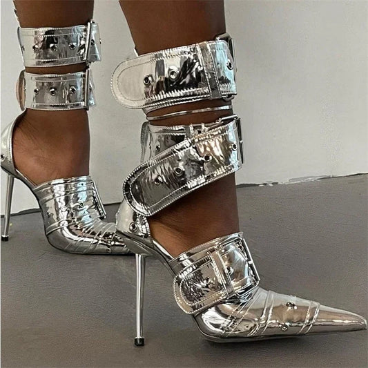 Women Metallic Buckle Stilettos