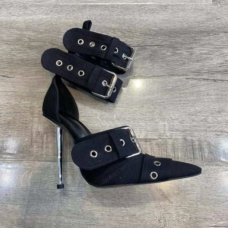 Women Metallic Buckle Stilettos