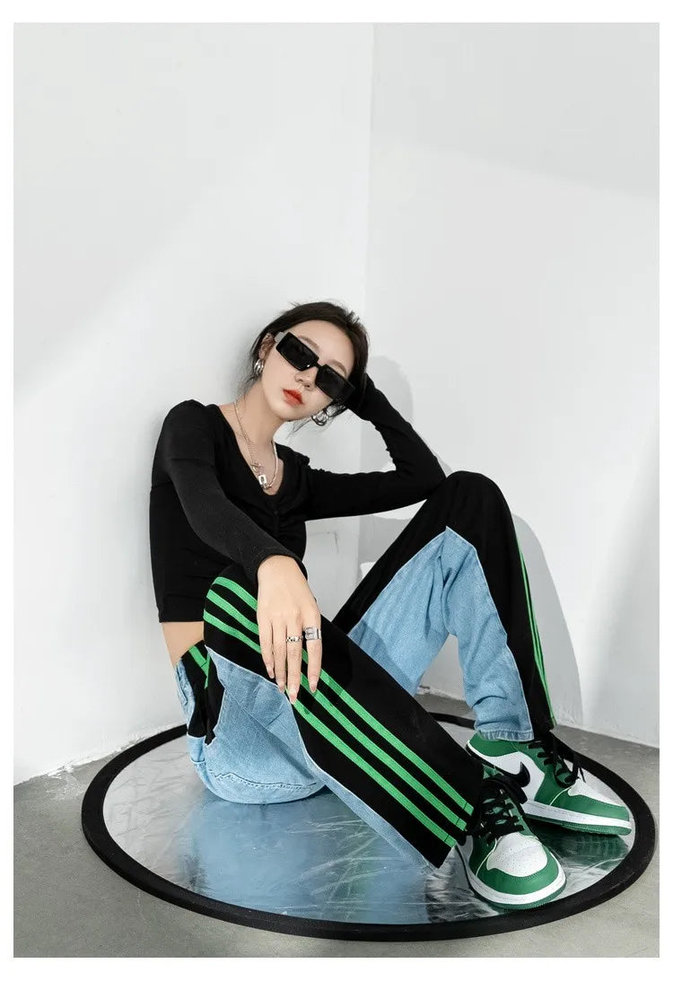 Women Sport Stripe/ Denim High Waist Wide Leg Pants
