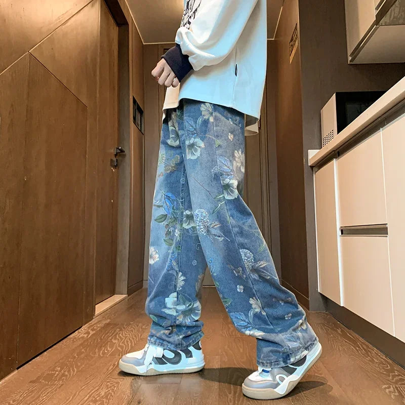 Men Floral Print Wide-Leg Jeans
