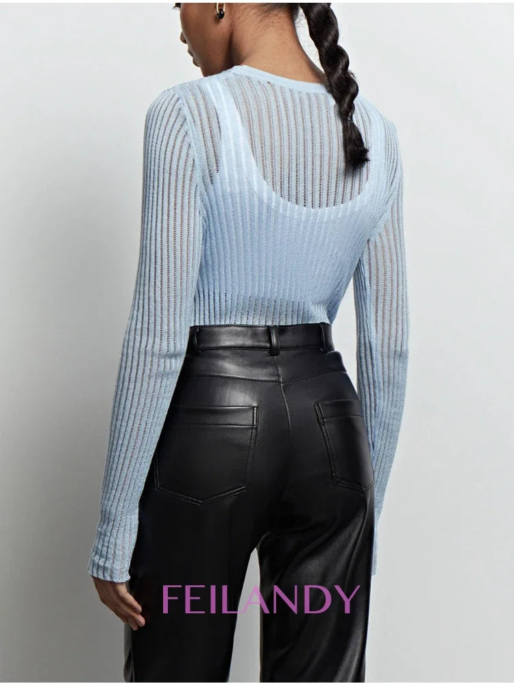 Women Sheer Long-Sleeve Ribbed Knit Sweater