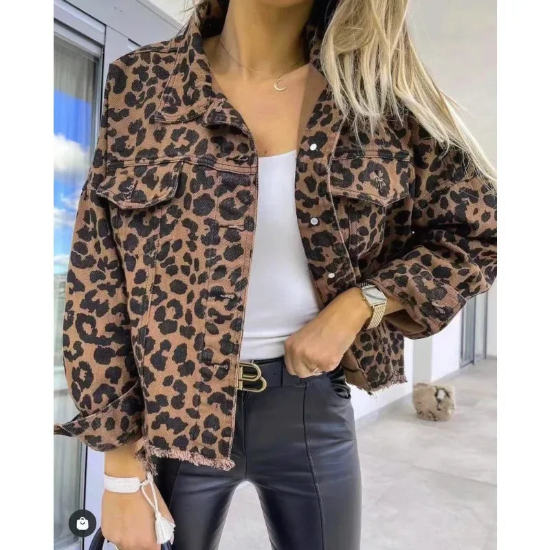 Women Leopard Print Denim Jacket