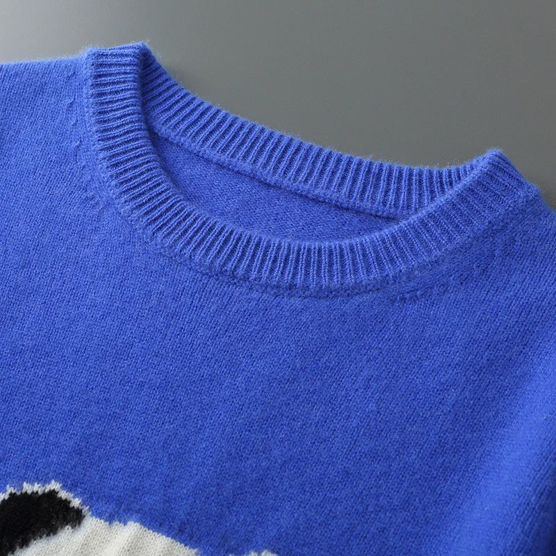 Men Merino Wool Crew Neck Panda Sweater