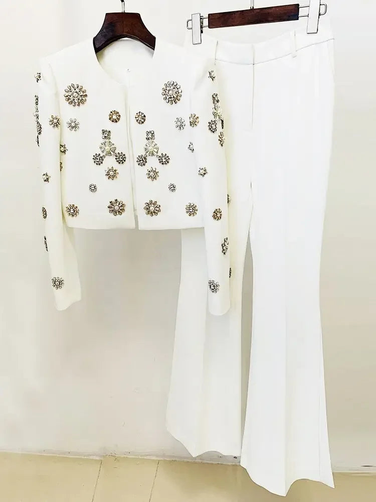 Women White Embellished Pant Suit Set
