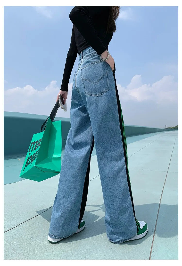 Women Sport Stripe/ Denim High Waist Wide Leg Pants