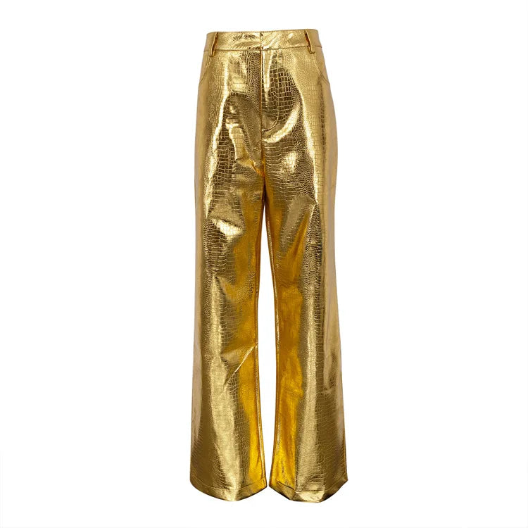 Women Faux Leather Metallic Wide Leg Pants
