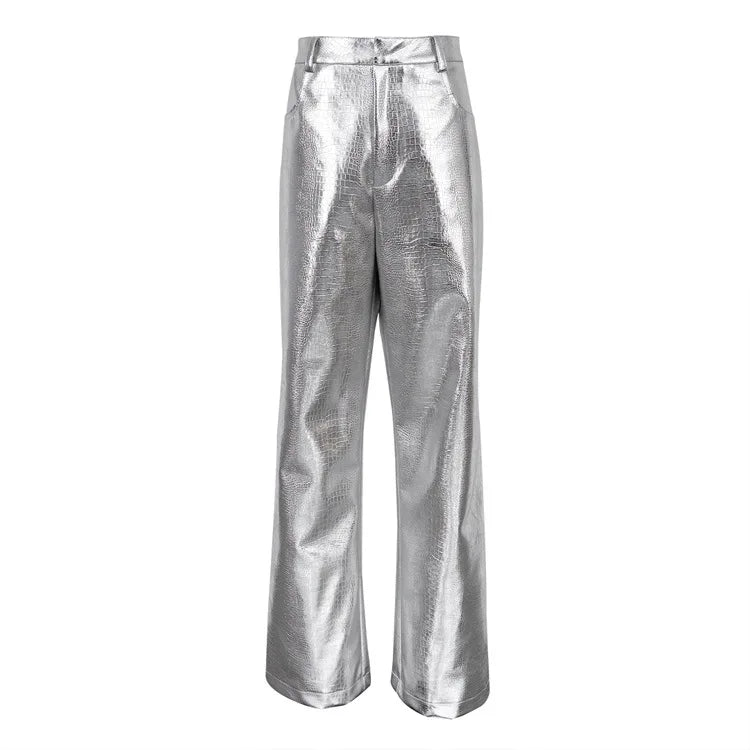 Women Faux Leather Metallic Wide Leg Pants