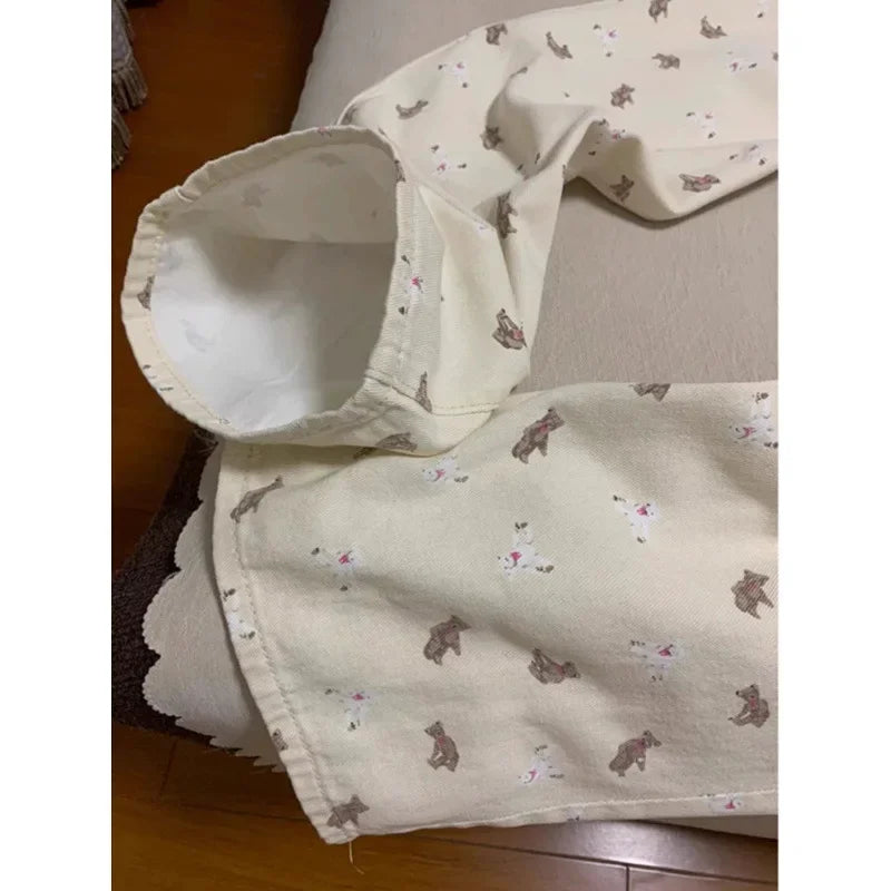 Women's High-waisted Bear Print Denim Trousers