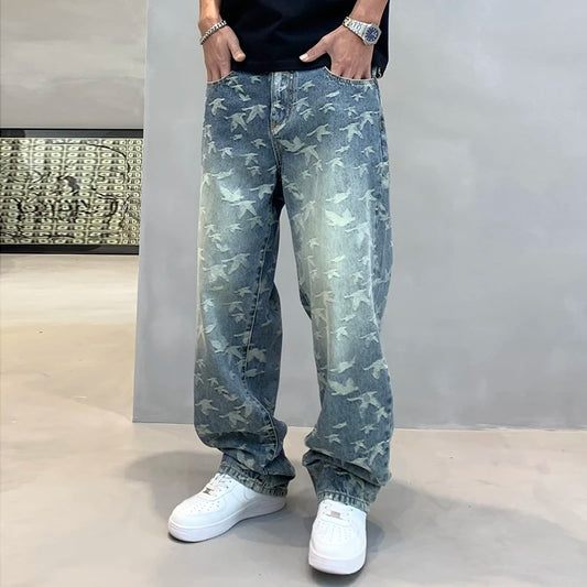 Men Bleached Bird Print Wide-Leg Jeans