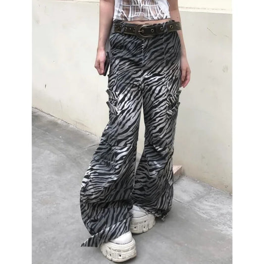 Women Zebra Print Wide Leg Denim Trouser