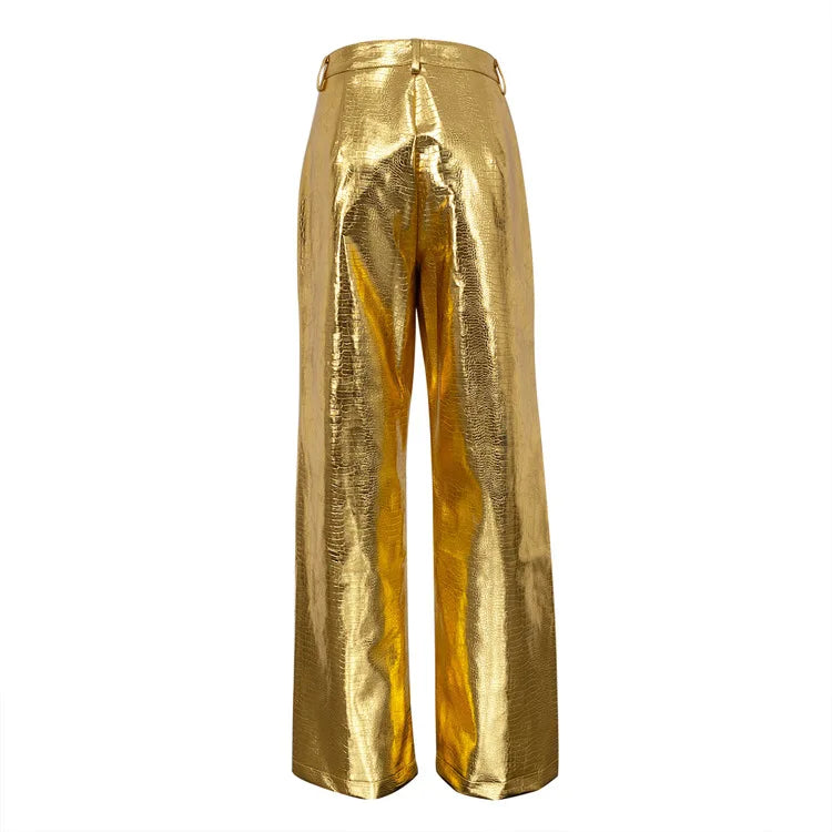 Women Faux Leather Metallic Wide Leg Pants