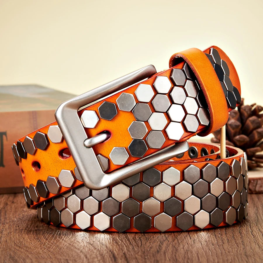 Men Hex Rivet Studded Belt