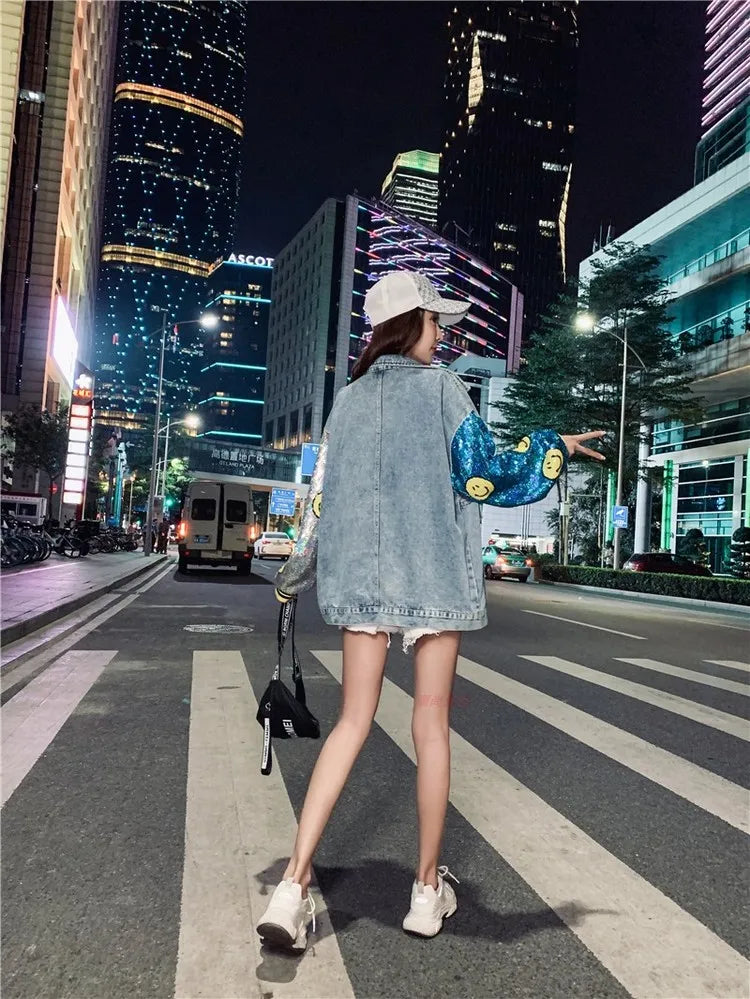 Women Character Embellished Denim + Sequin Jacket