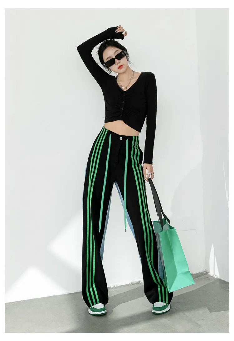 Women Sport Stripe/ Denim High Waist Wide Leg Pants