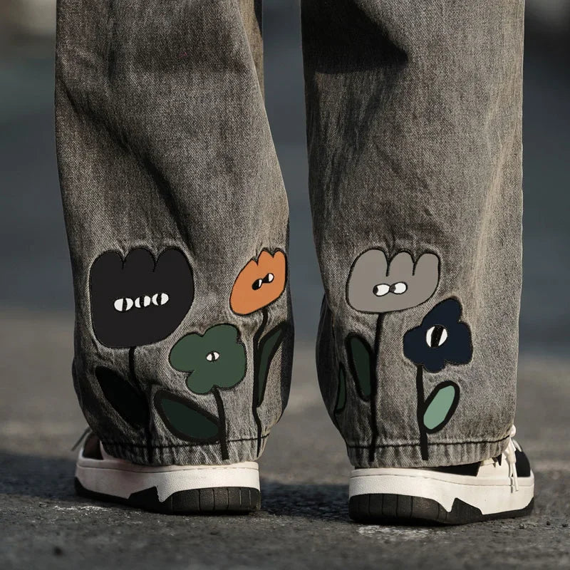 Men Flower Print Wide Leg Jeans