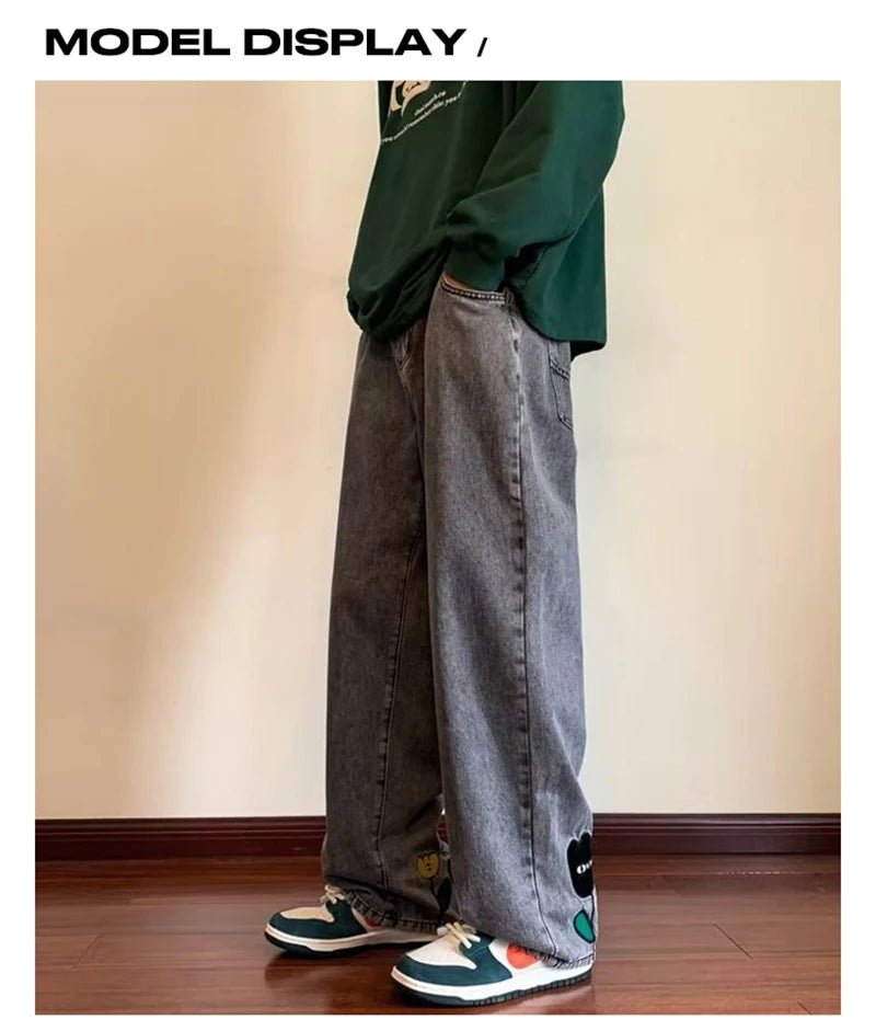 Men Flower Print Wide Leg Jeans
