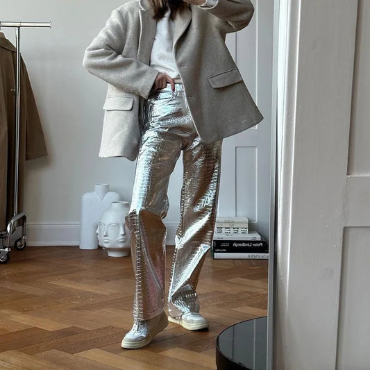 Women Faux Leather Metallic Wide Leg Pants