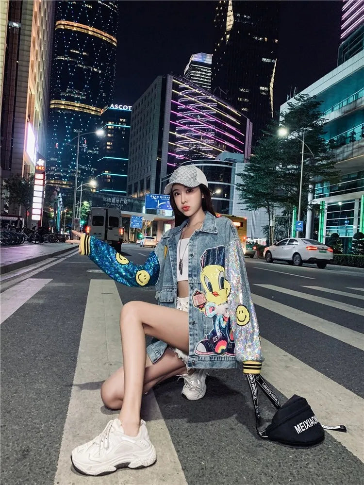 Women Character Embellished Denim + Sequin Jacket