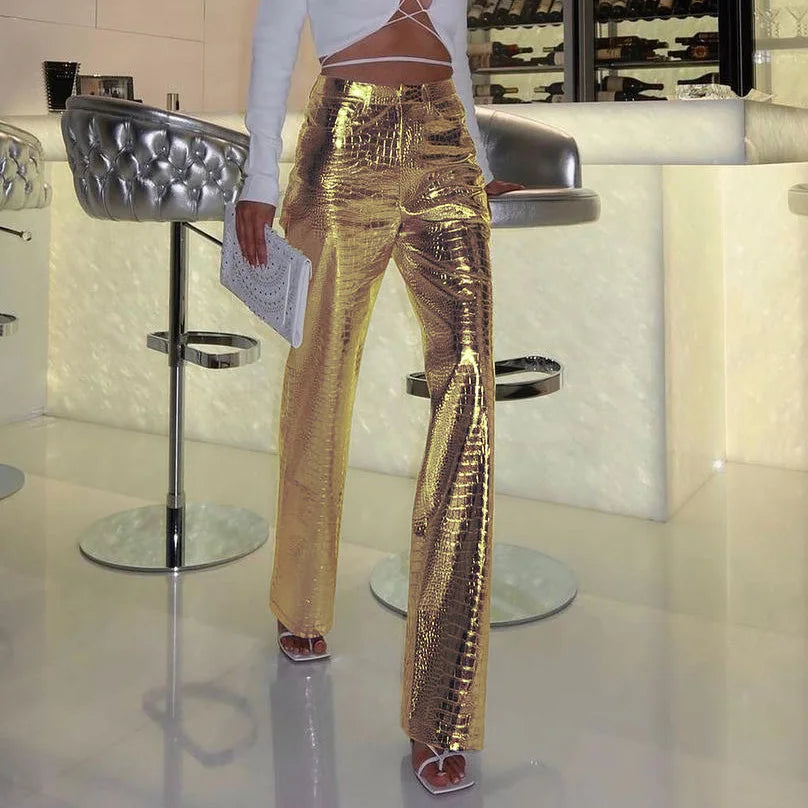 Women Faux Leather Metallic Wide Leg Pants