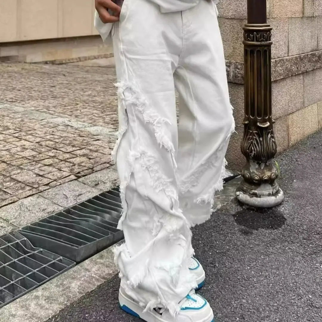 Men Raw Edge Embellished Wide-Leg Jeans