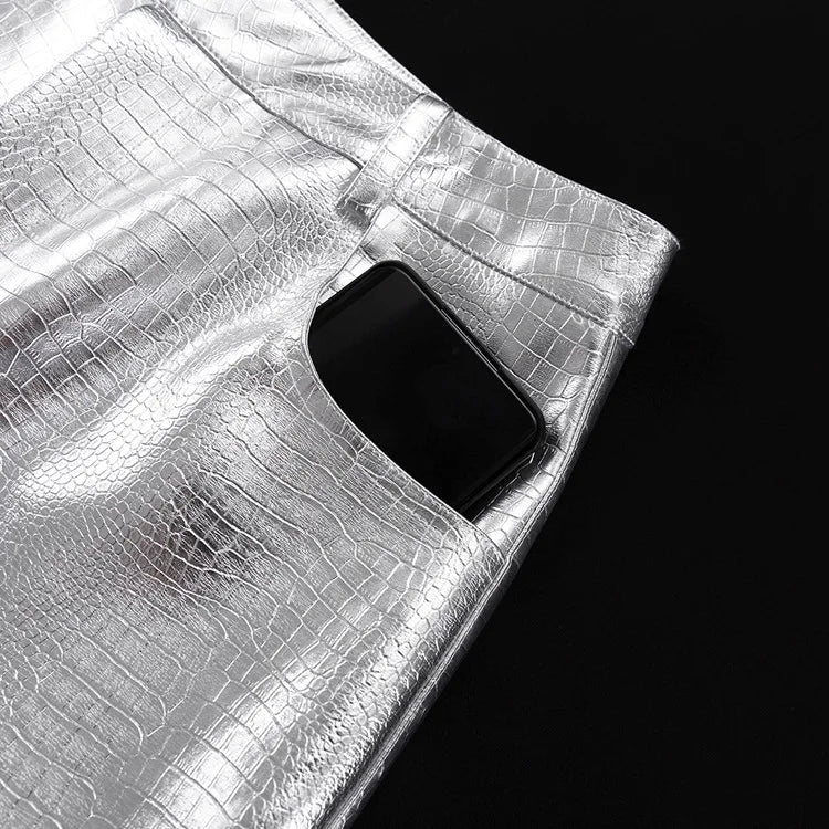 Women Faux Leather Metallic Wide Leg Pants