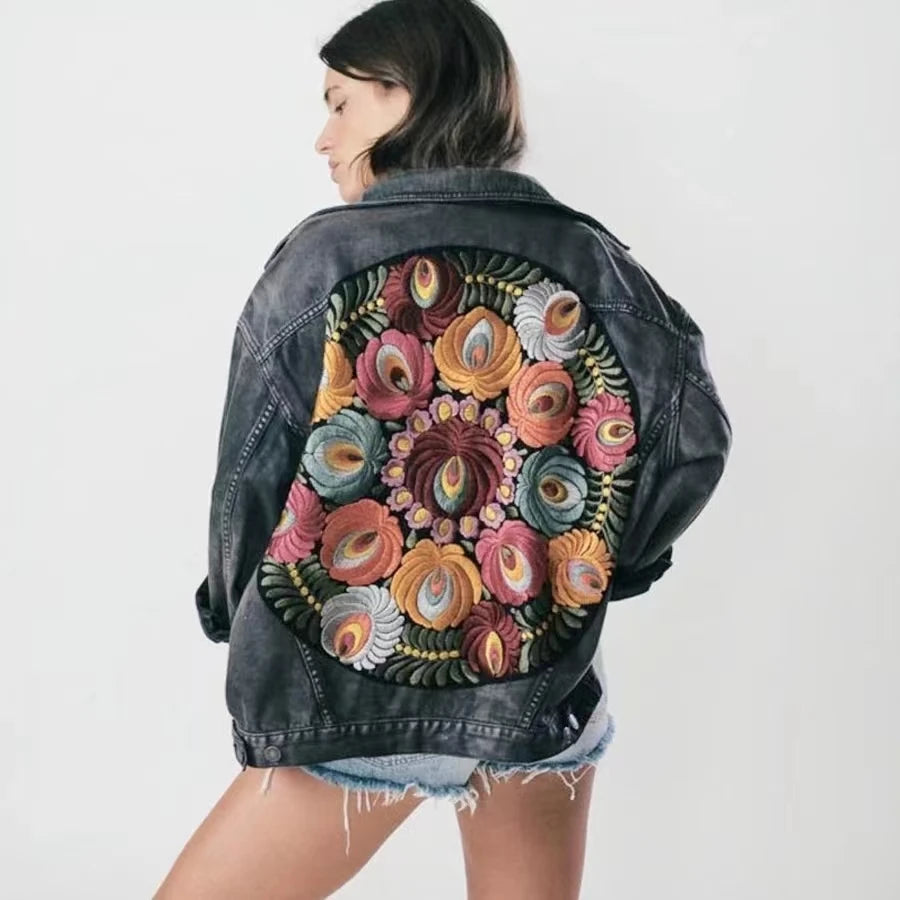 Women Floral Embroidered Oversized Denim Jacket